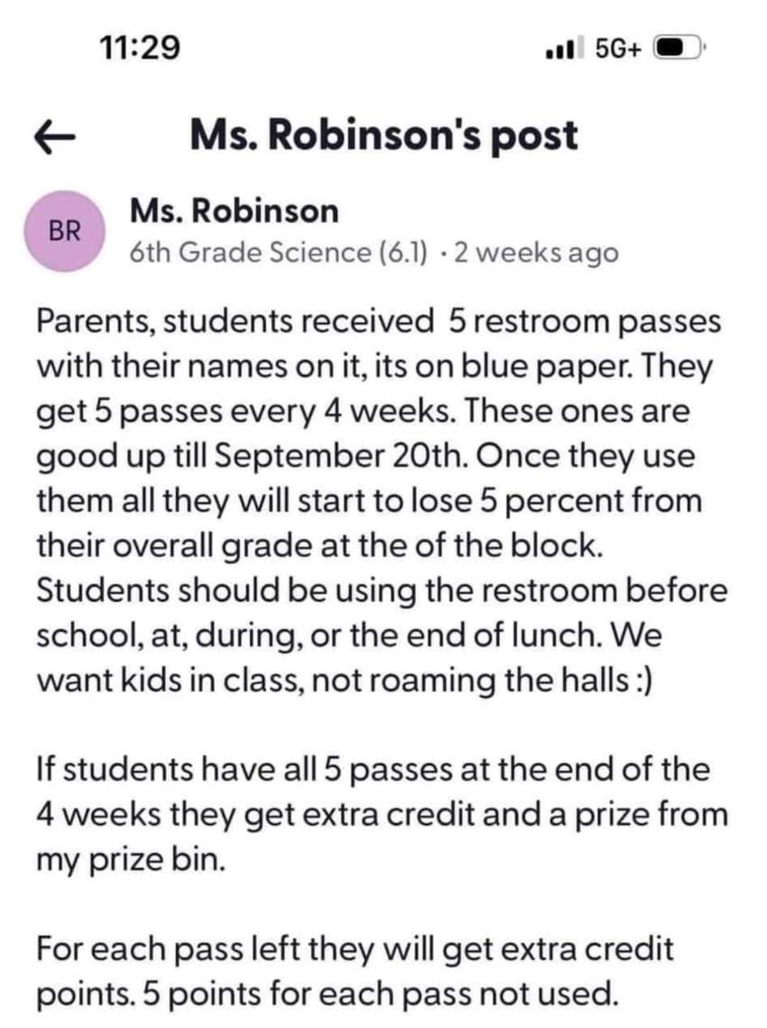 Screenshot from Reddit of teacher's bathroom policy