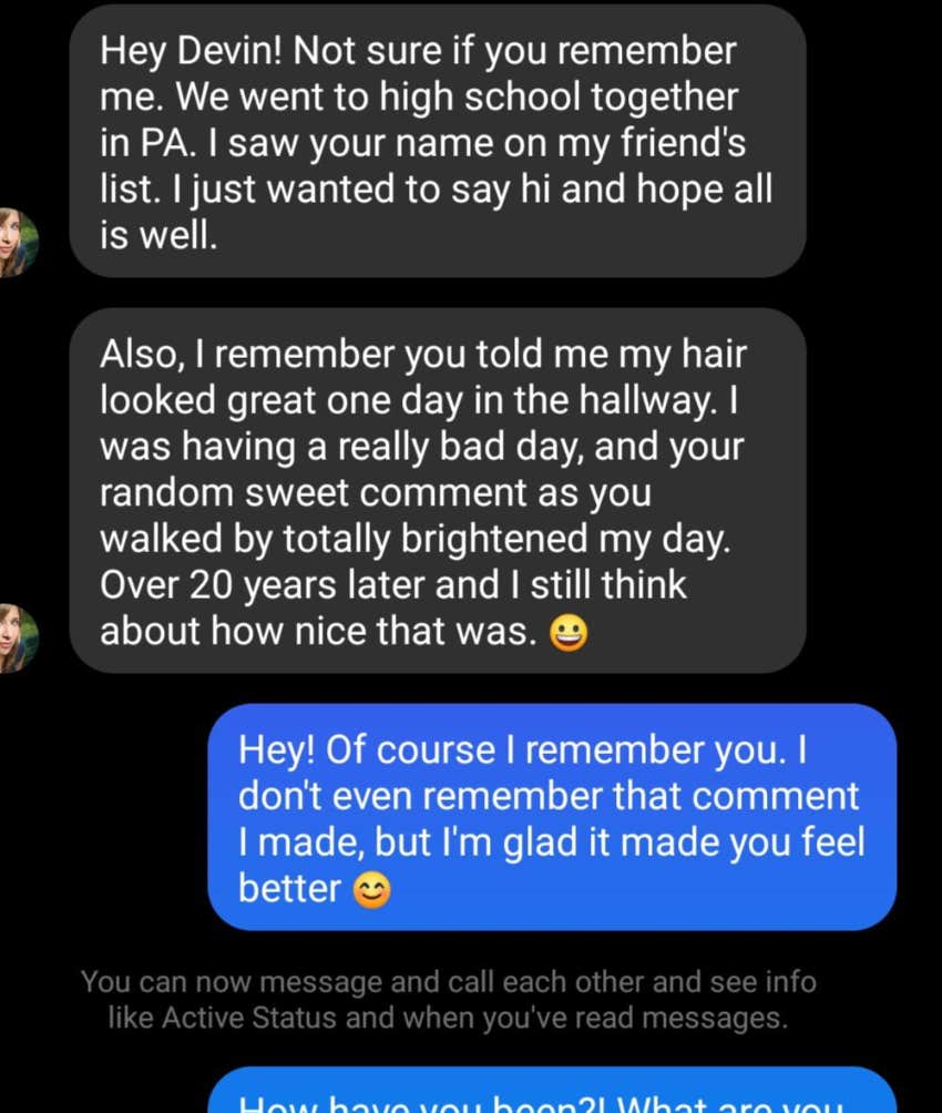 Screenshot from Reddit of message from high school classmate