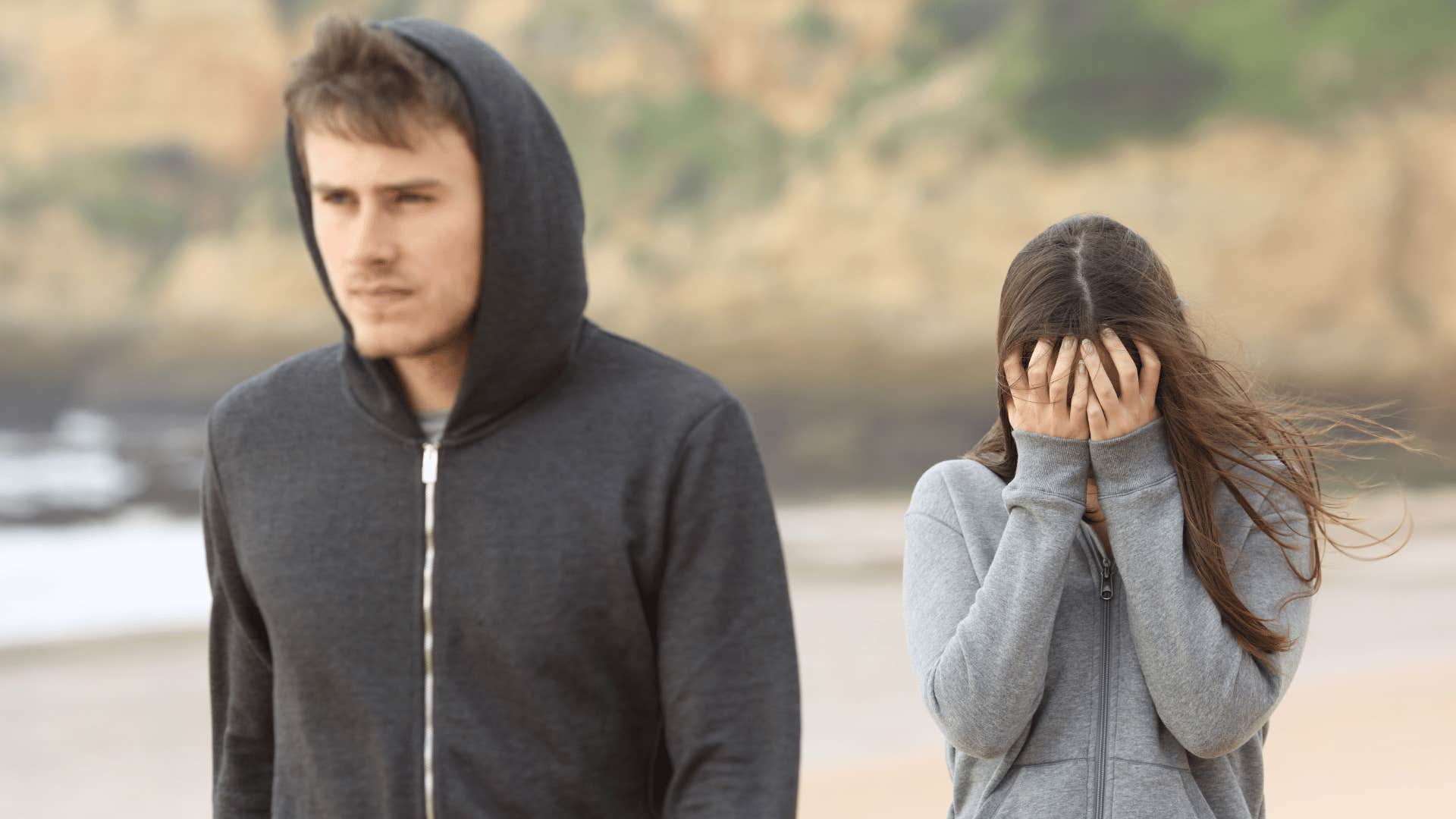 man walking away from upset woman