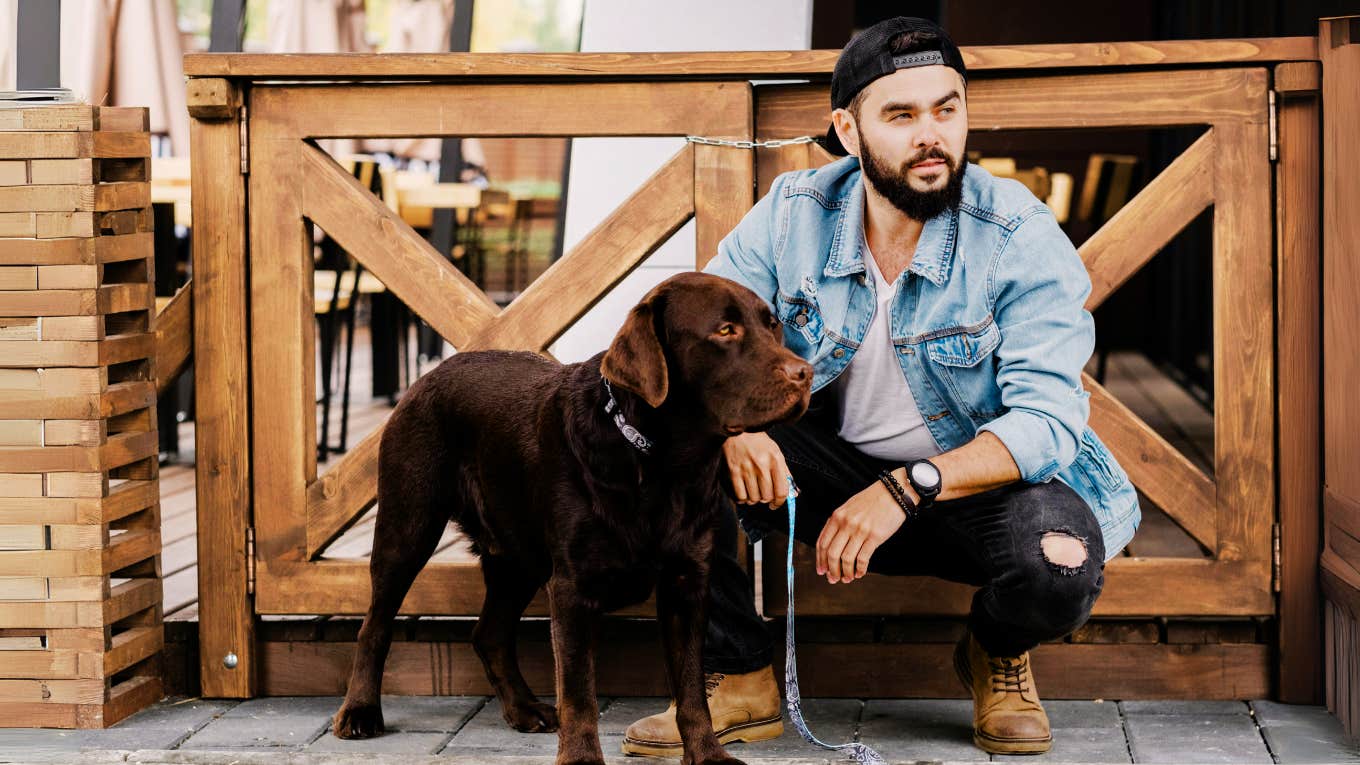 Man changing his typical behavior, and taking a walk in the morning with his dog.