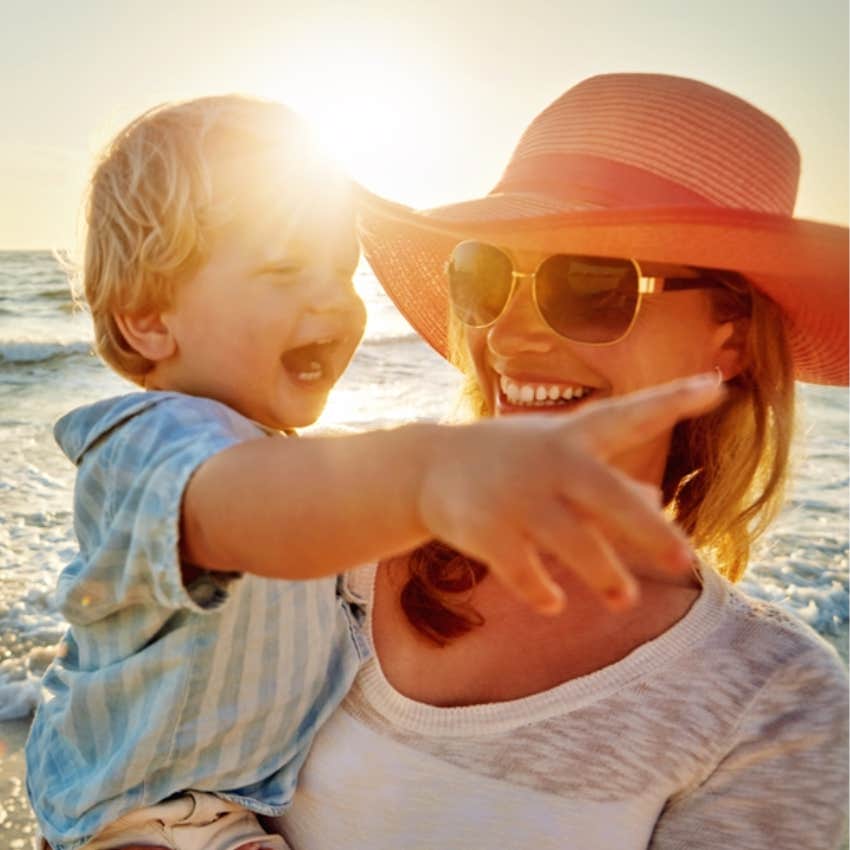 mom and son at beach