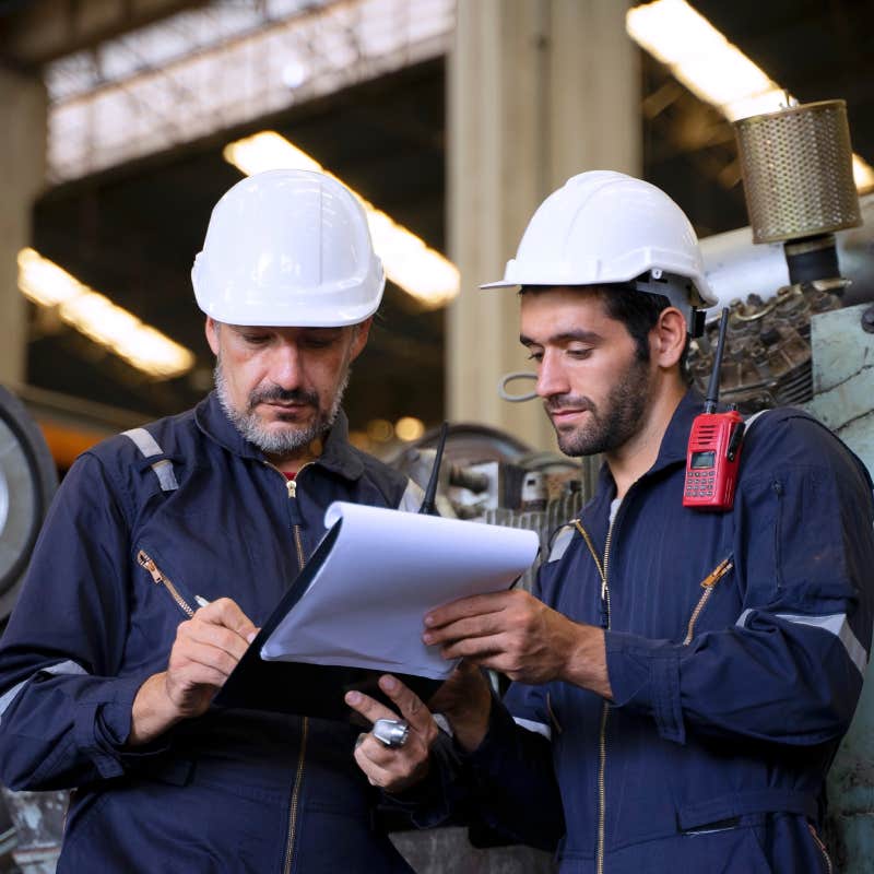 engineers working in warehouse looking at clipboard