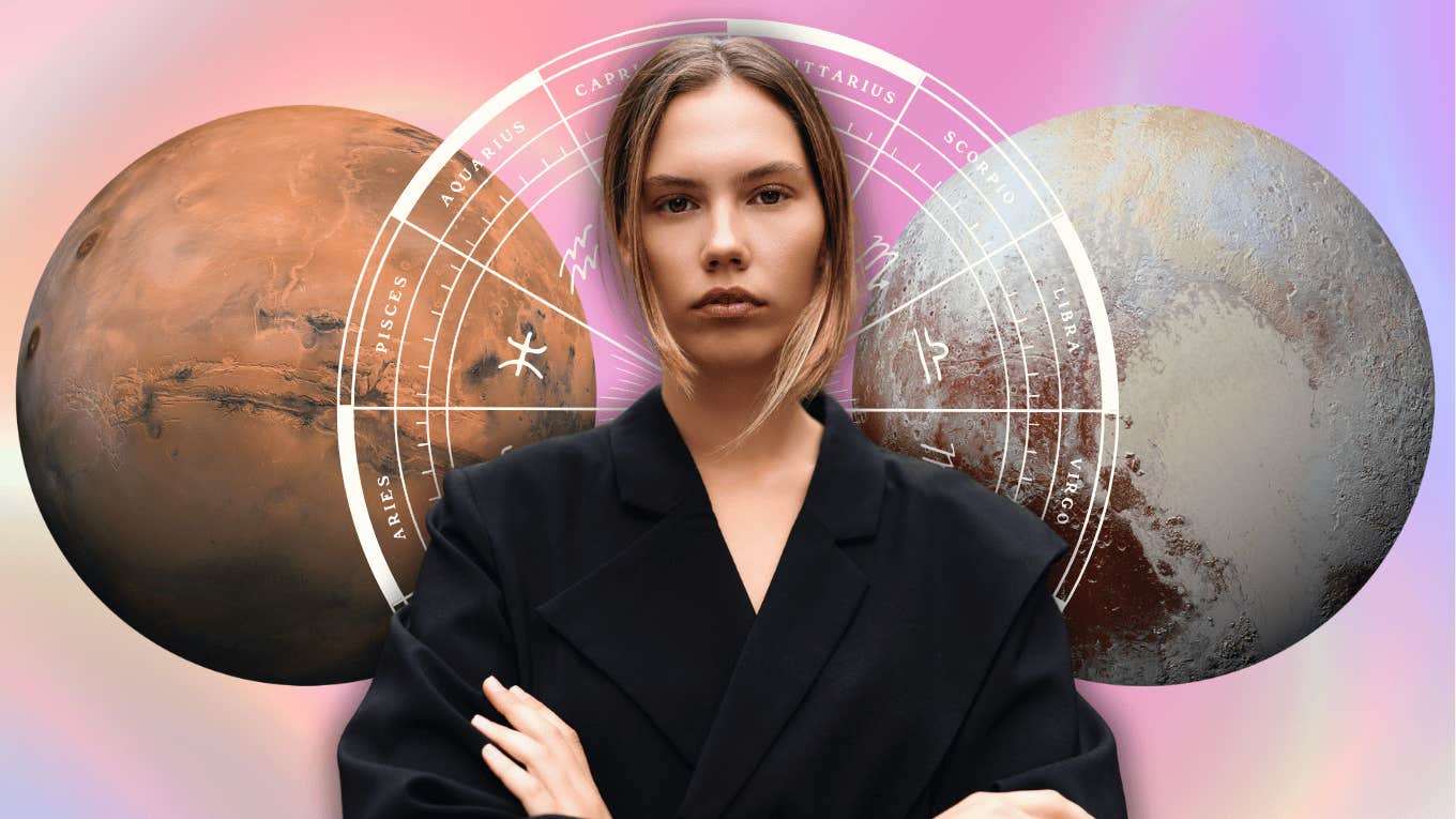 woman with zodiac wheel between mars opposite pluto until january 2025