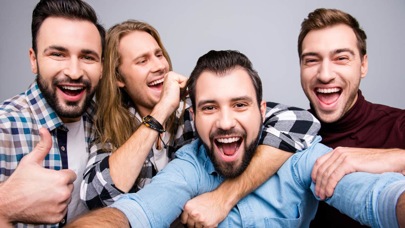 group of guys horsing around during bachelor party