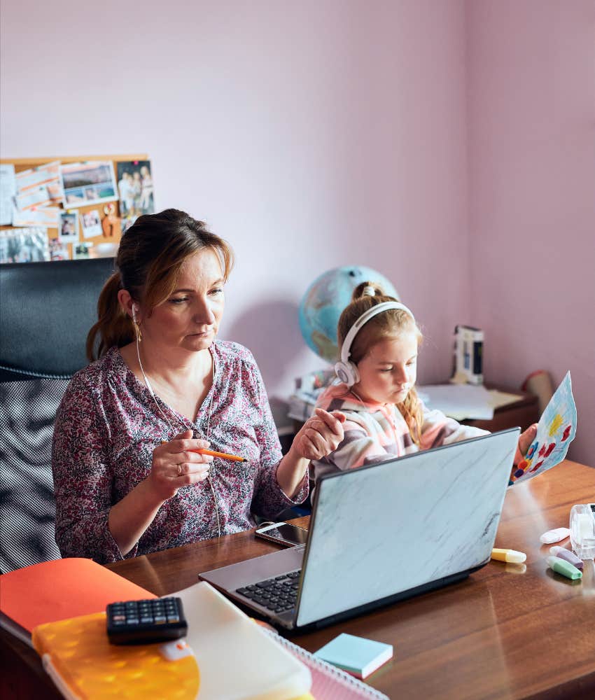 mom working from home with daughter