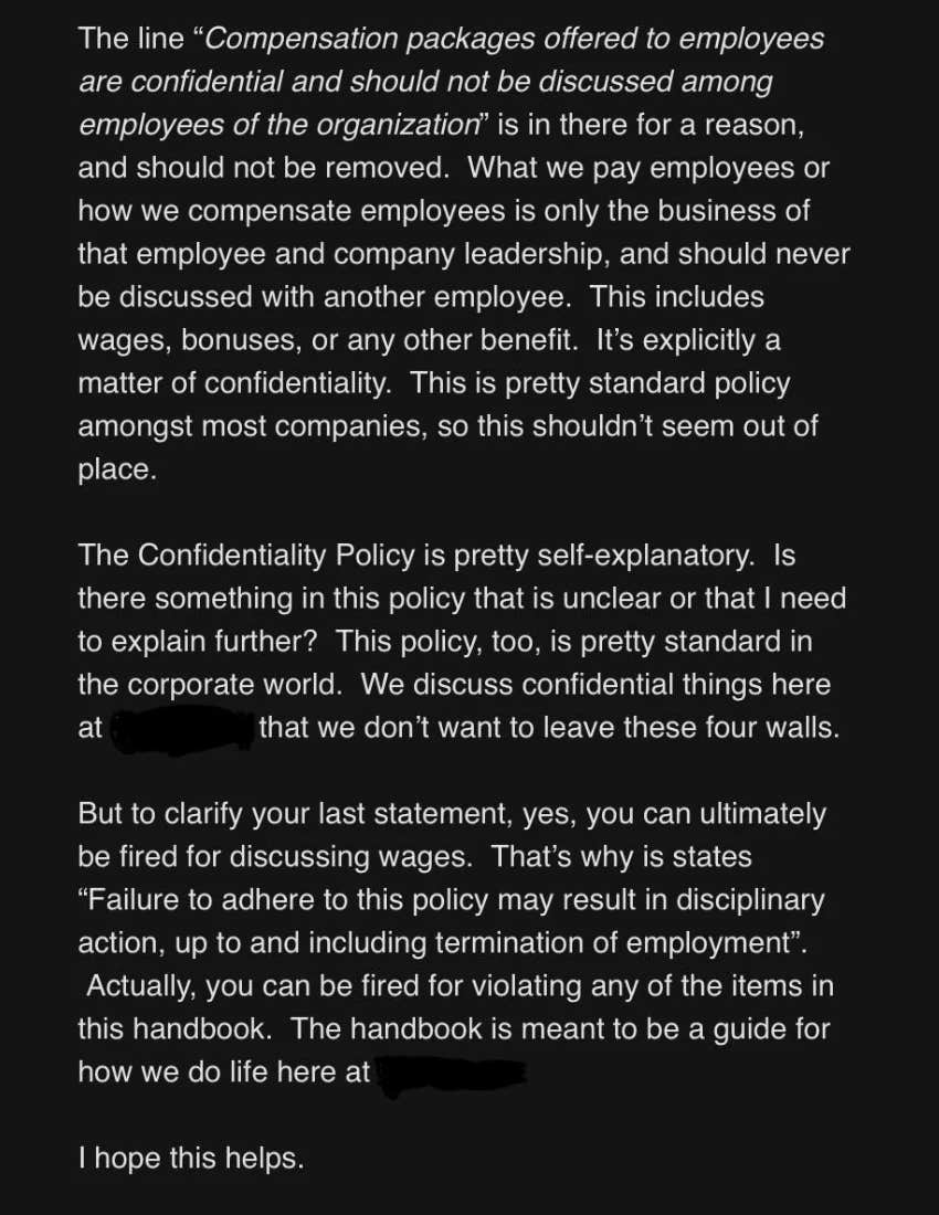 screenshot from worker's Reddit post about being fired for discussing pay