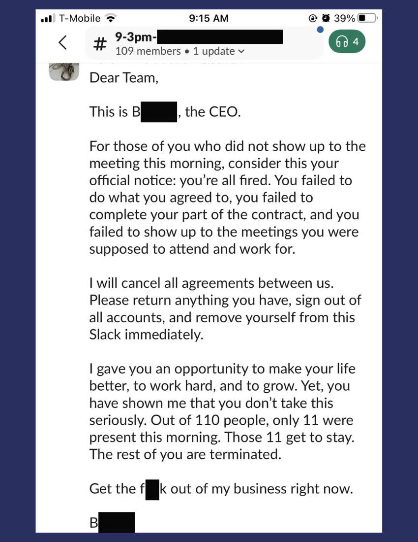 screenshot from intern whose CEO fired 99 employees for skipping a meeting