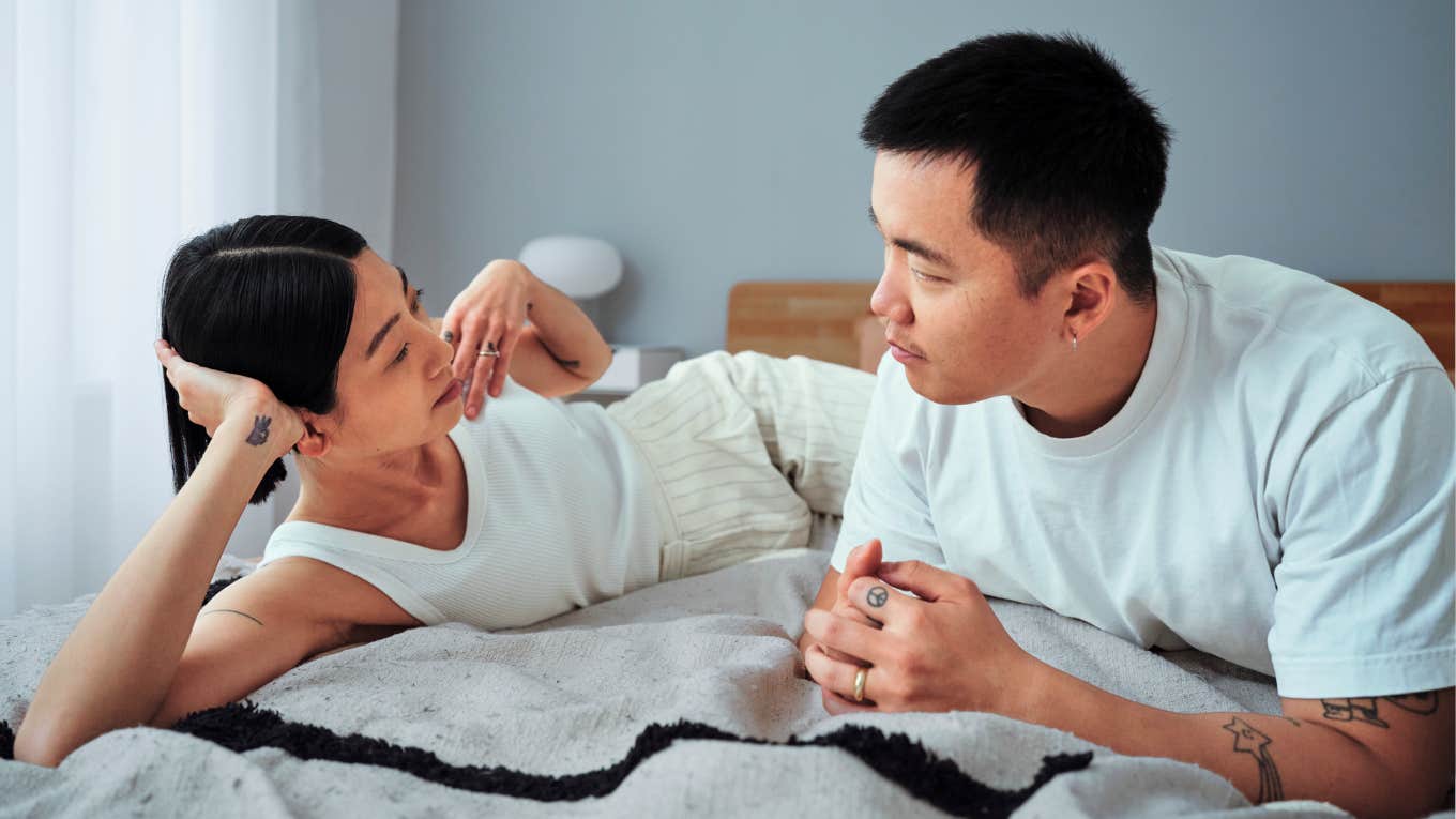 Couple having a intimate conversation before bed.