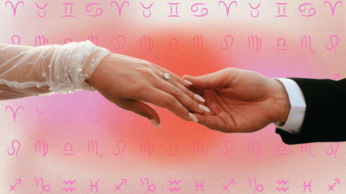 bride and groom holding hands with zodiac signs december 2024 love horoscopes