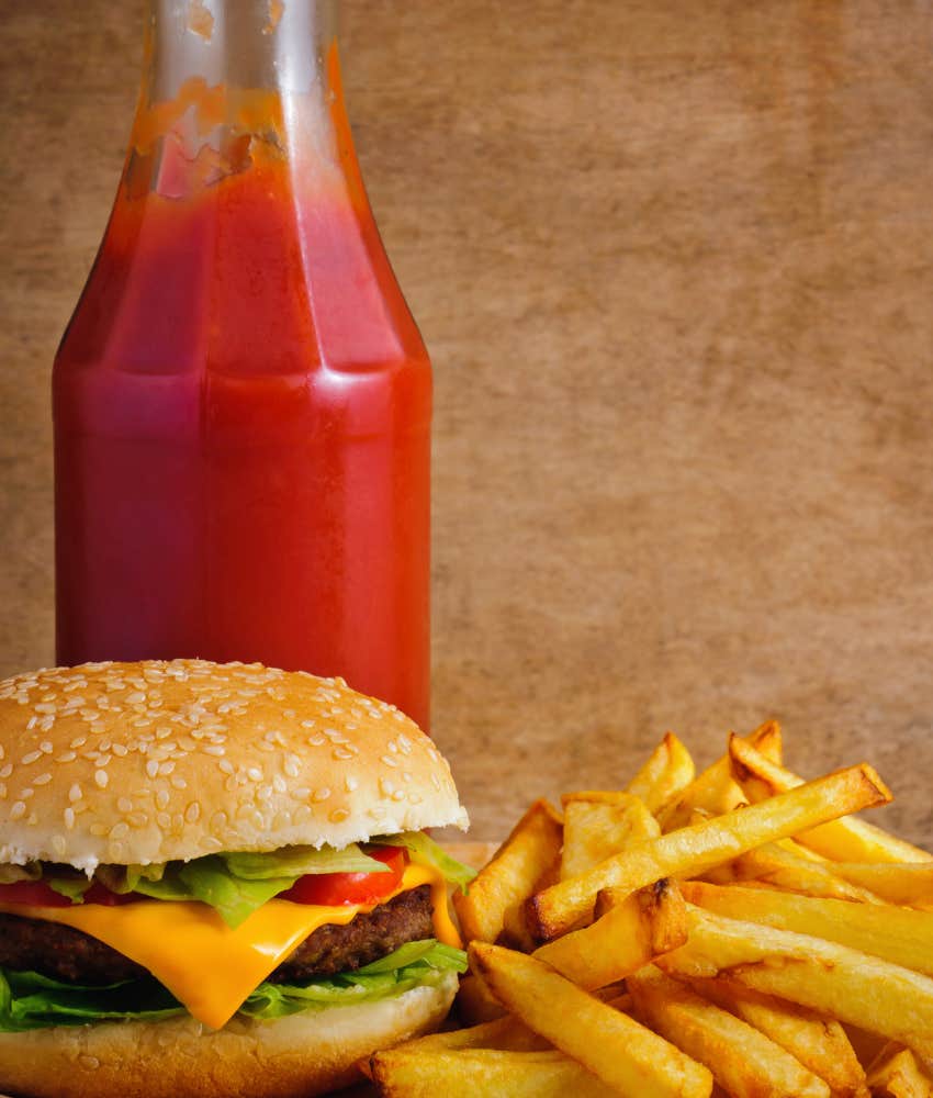 hamburger and fries with Heinz ketchup