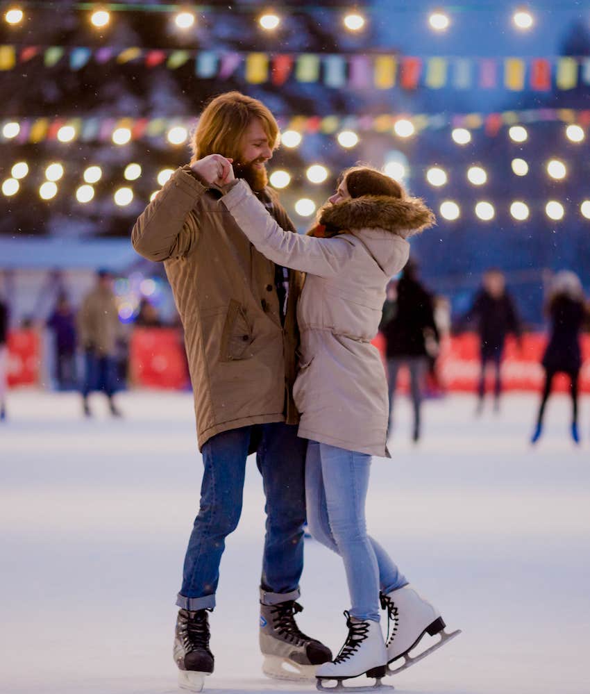 Couple ice skates to build holiday romance