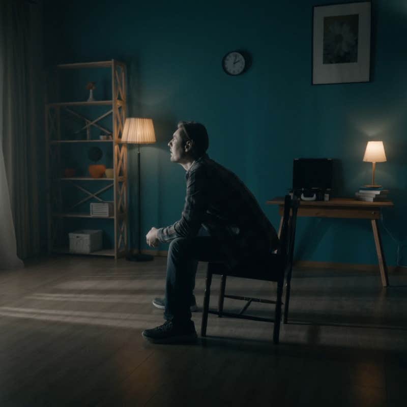 man sits on a chair in the middle of the room and looks at the light in the window