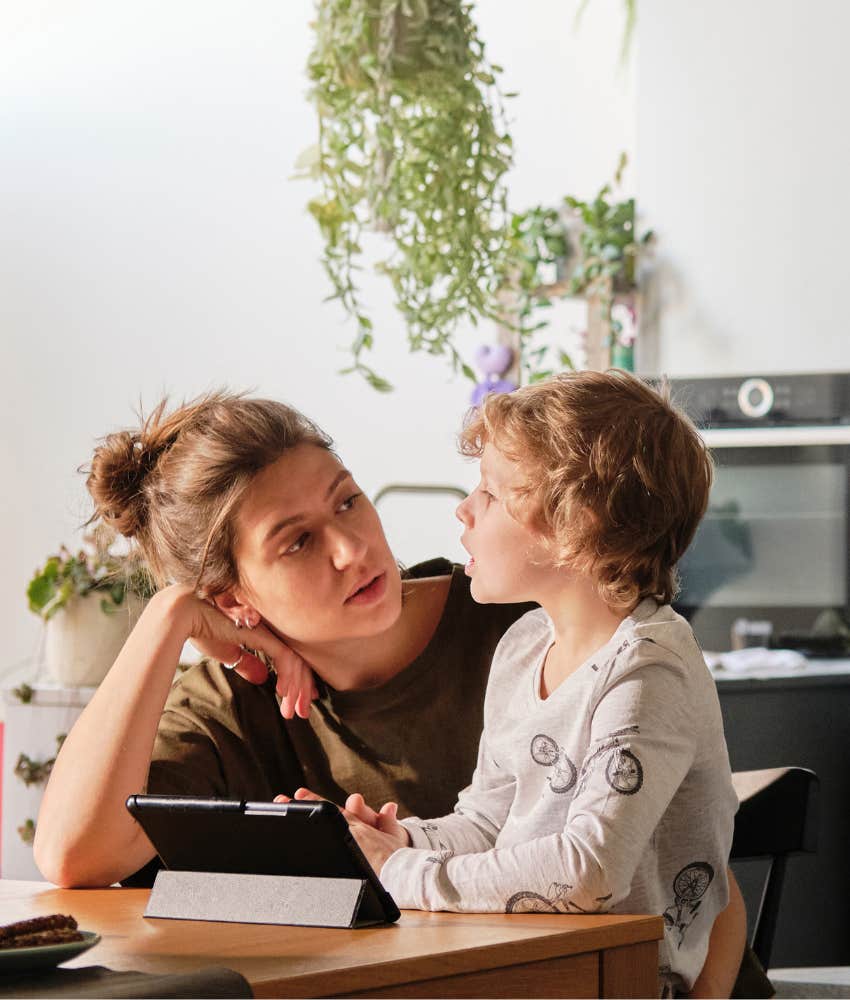 mom and young son having a serious talk