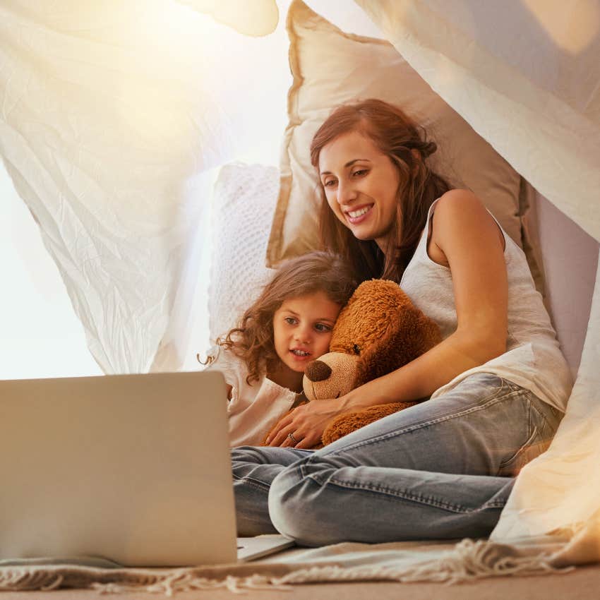 Mom and daughter having a movie night for her birthday