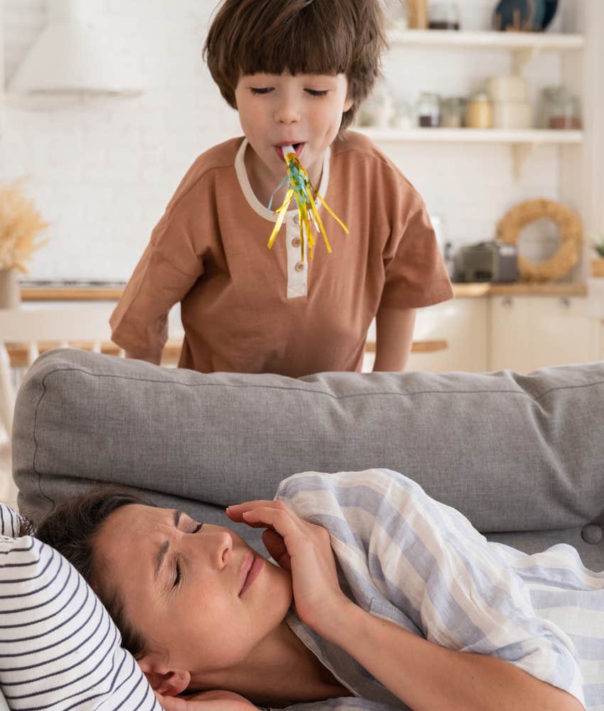 mom getting annoyed by her insufferable son