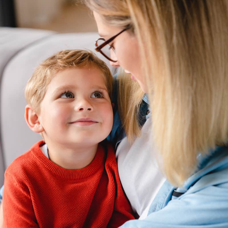 toddler looking up at mom during conversation