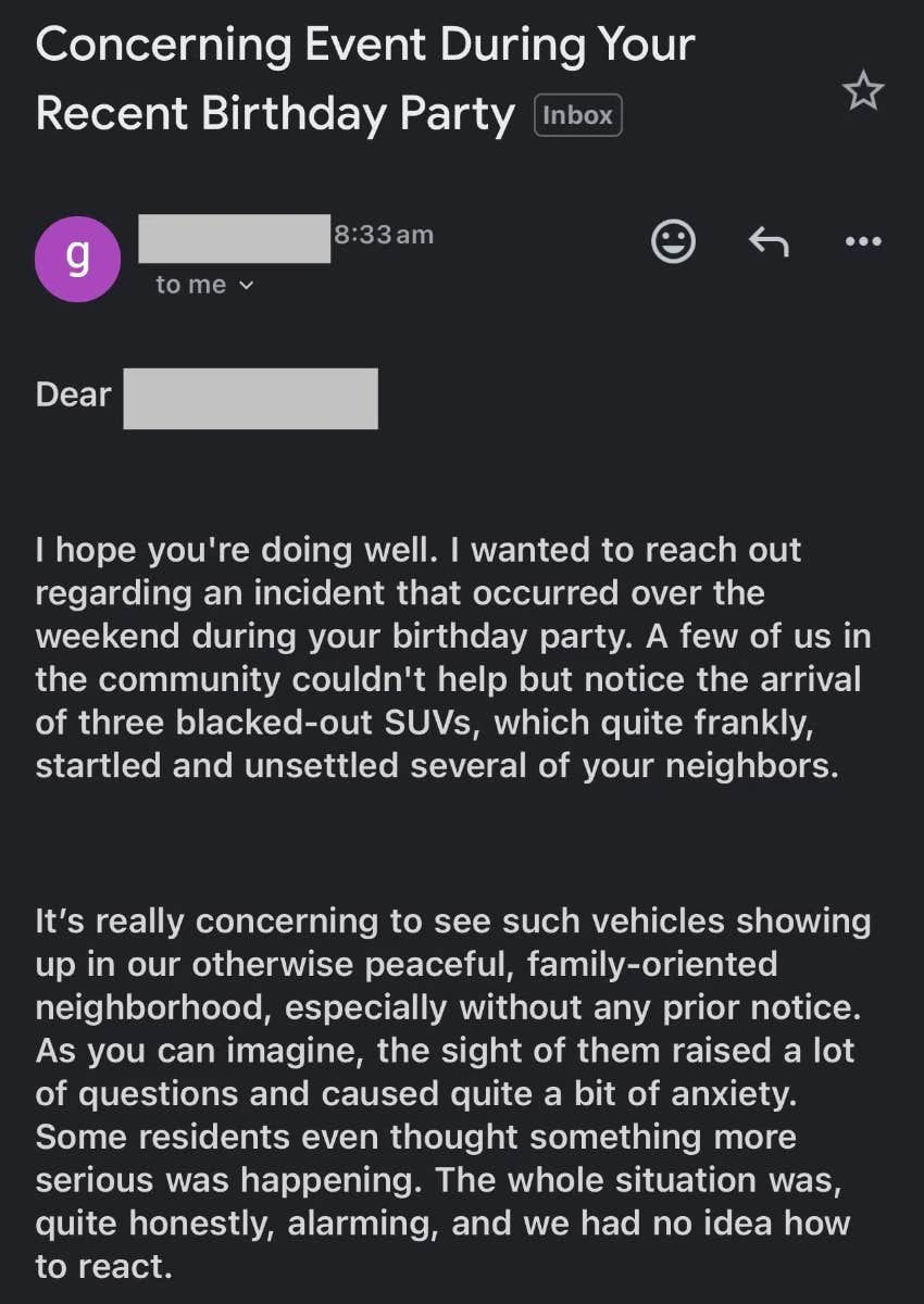 Screenshot from Reddit of HOA email about black SUVs