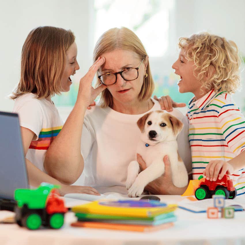 stressed working mom and young kids yelling