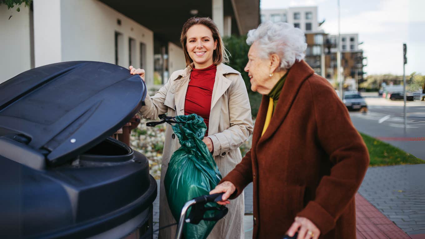 Woman talking with her retired neighbor.