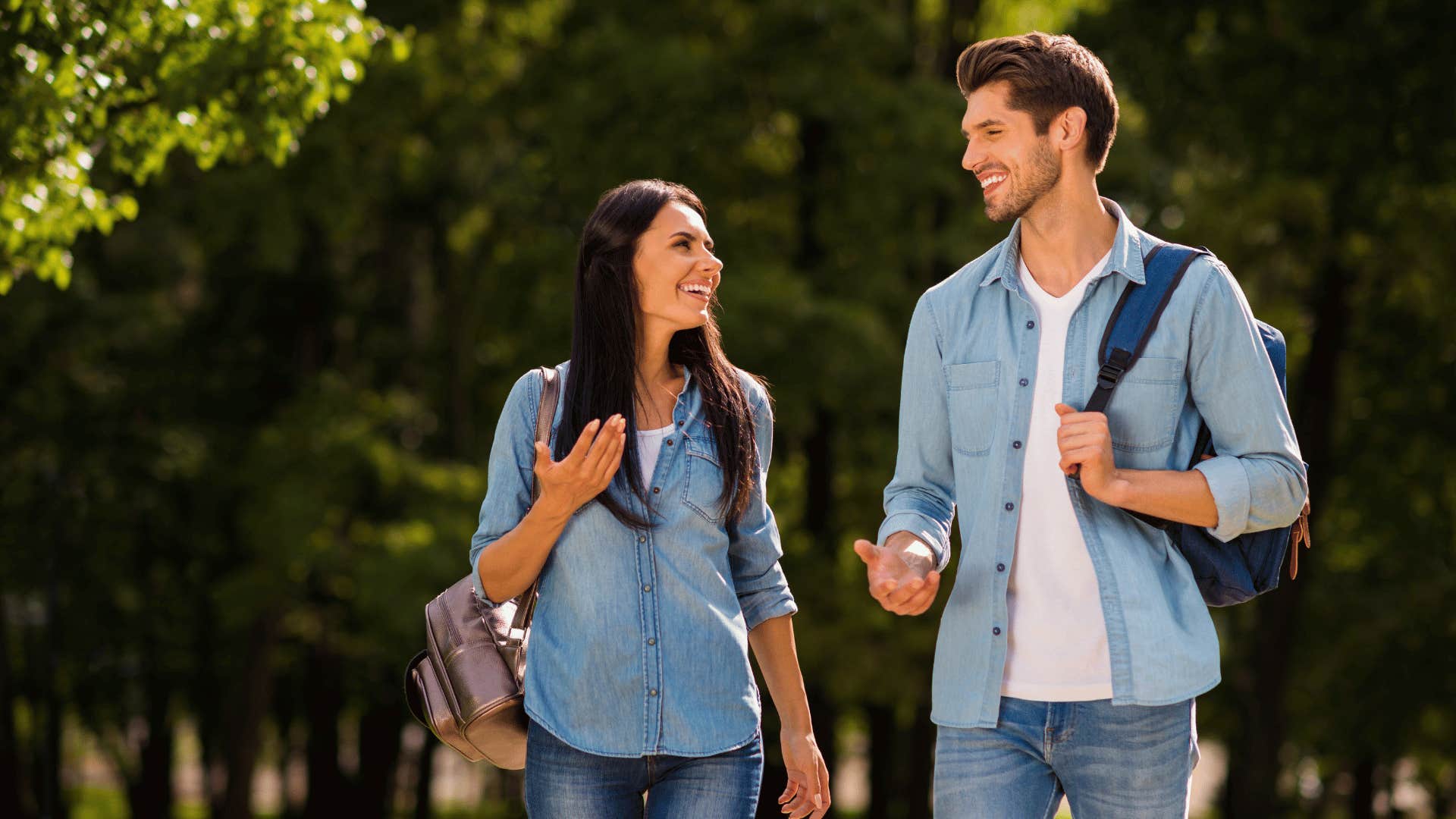 matching couple talking while walking