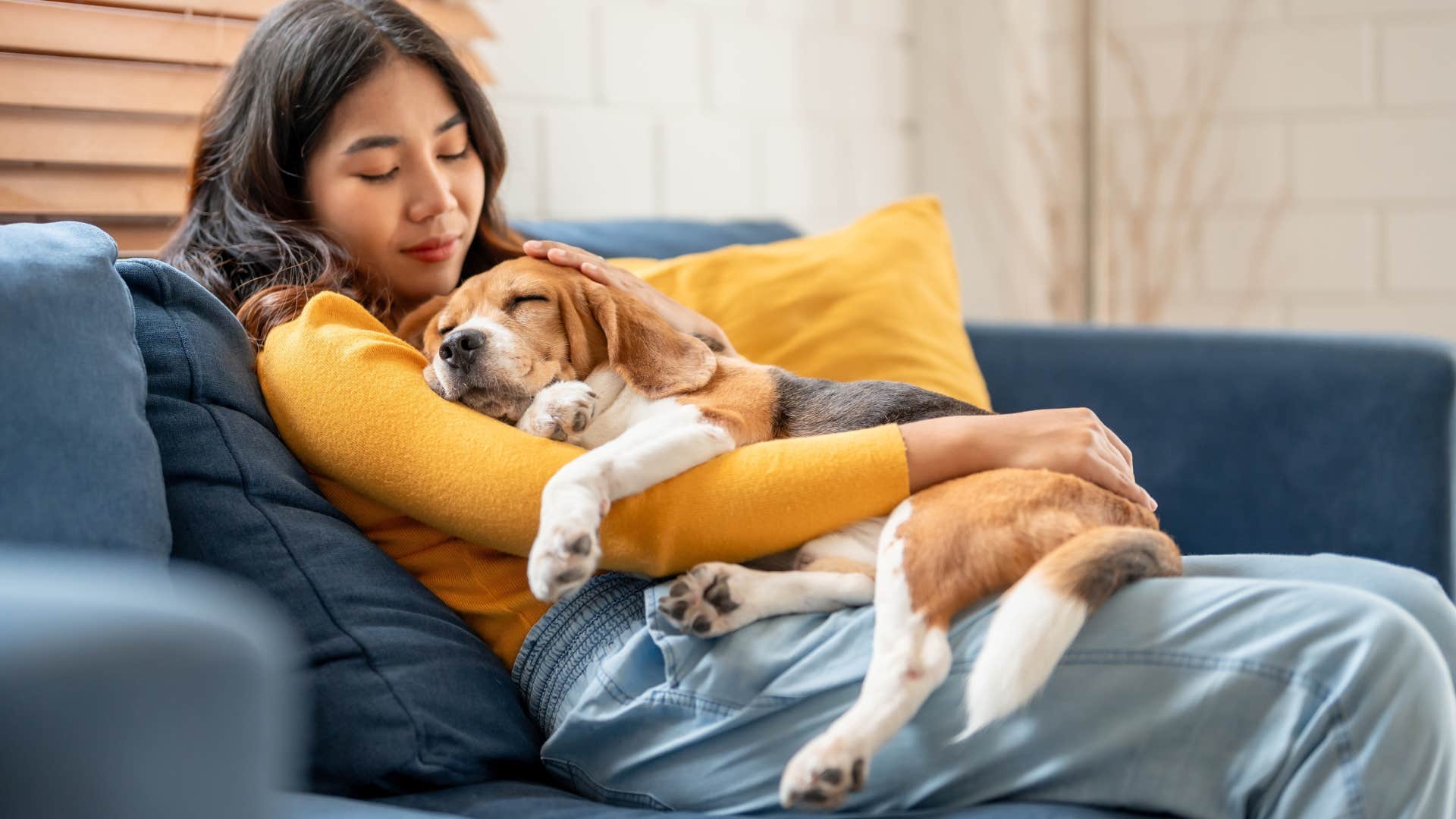 Woman smiling at her dog on the couch