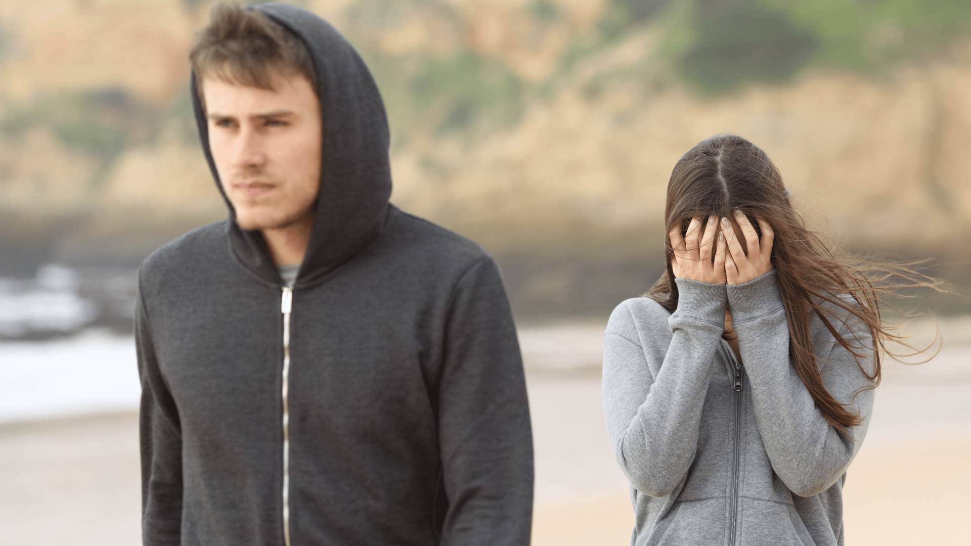 man walking away from upset woman