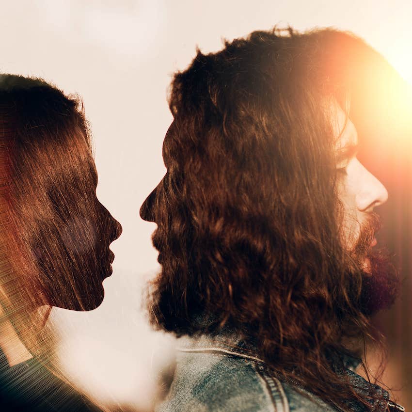 Double dual image of man and woman over laid with sun burst