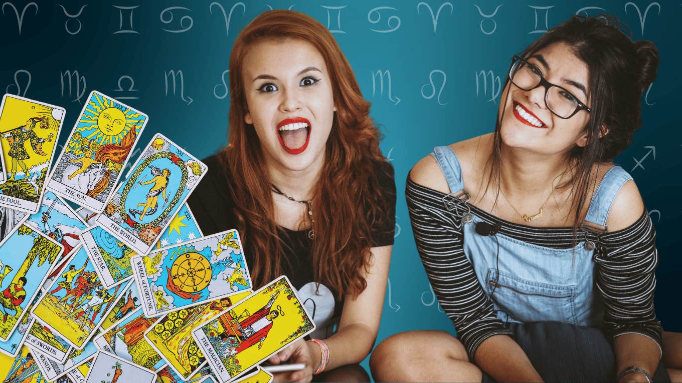 two smiling girls with weekly tarot cards horoscopes november 25 - december 1, 2024