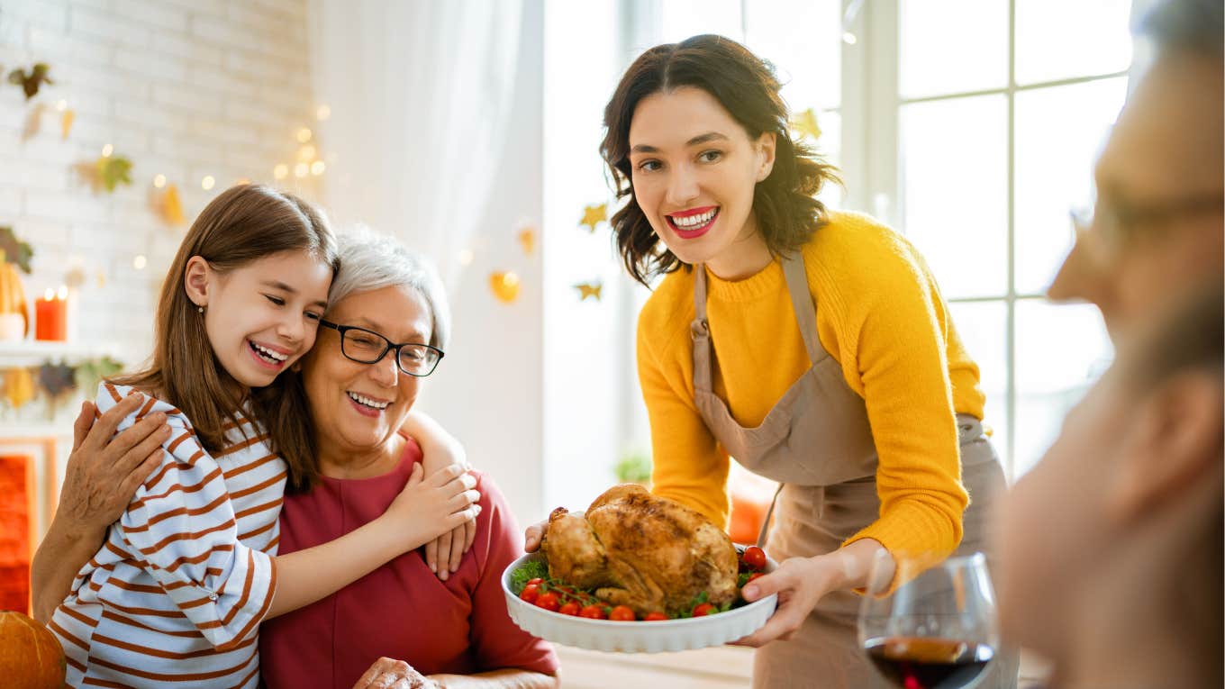 Woman presenting family Thanksgiving dinner she prepared with Dollar Tree ingredients