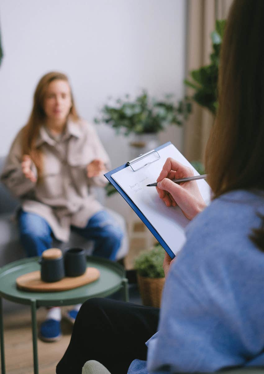 woman speaking animatedly during therapy