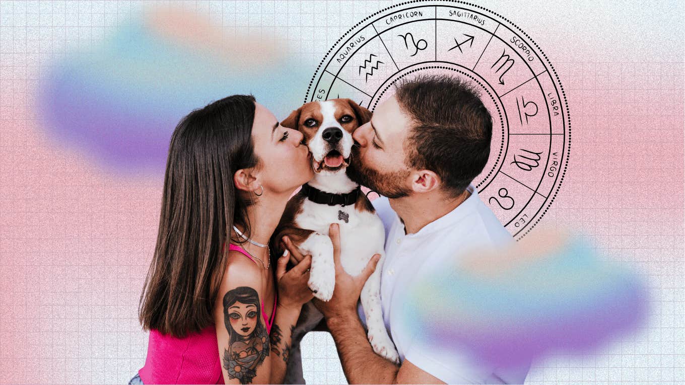 couple kissing dog after zodiac signs experience relationship improvement november 11-17, 2024