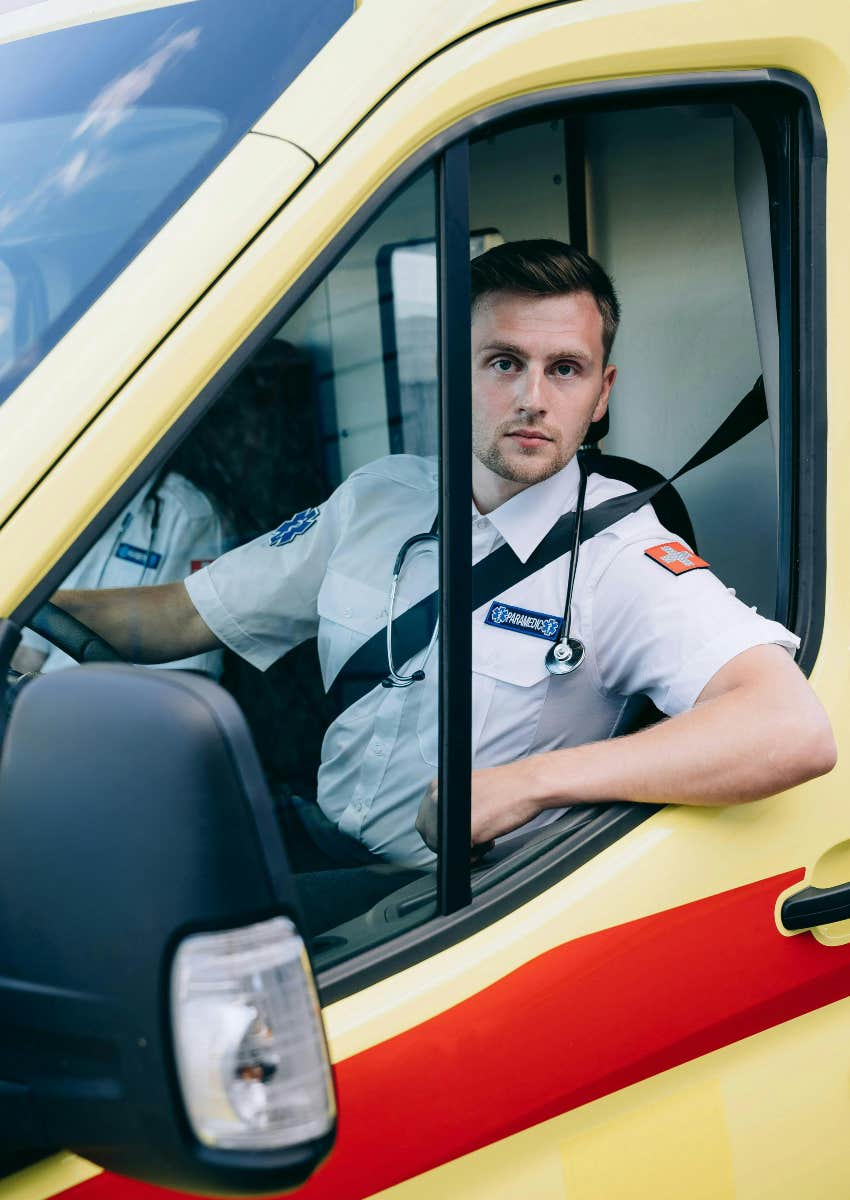 ambulance driver looking out window