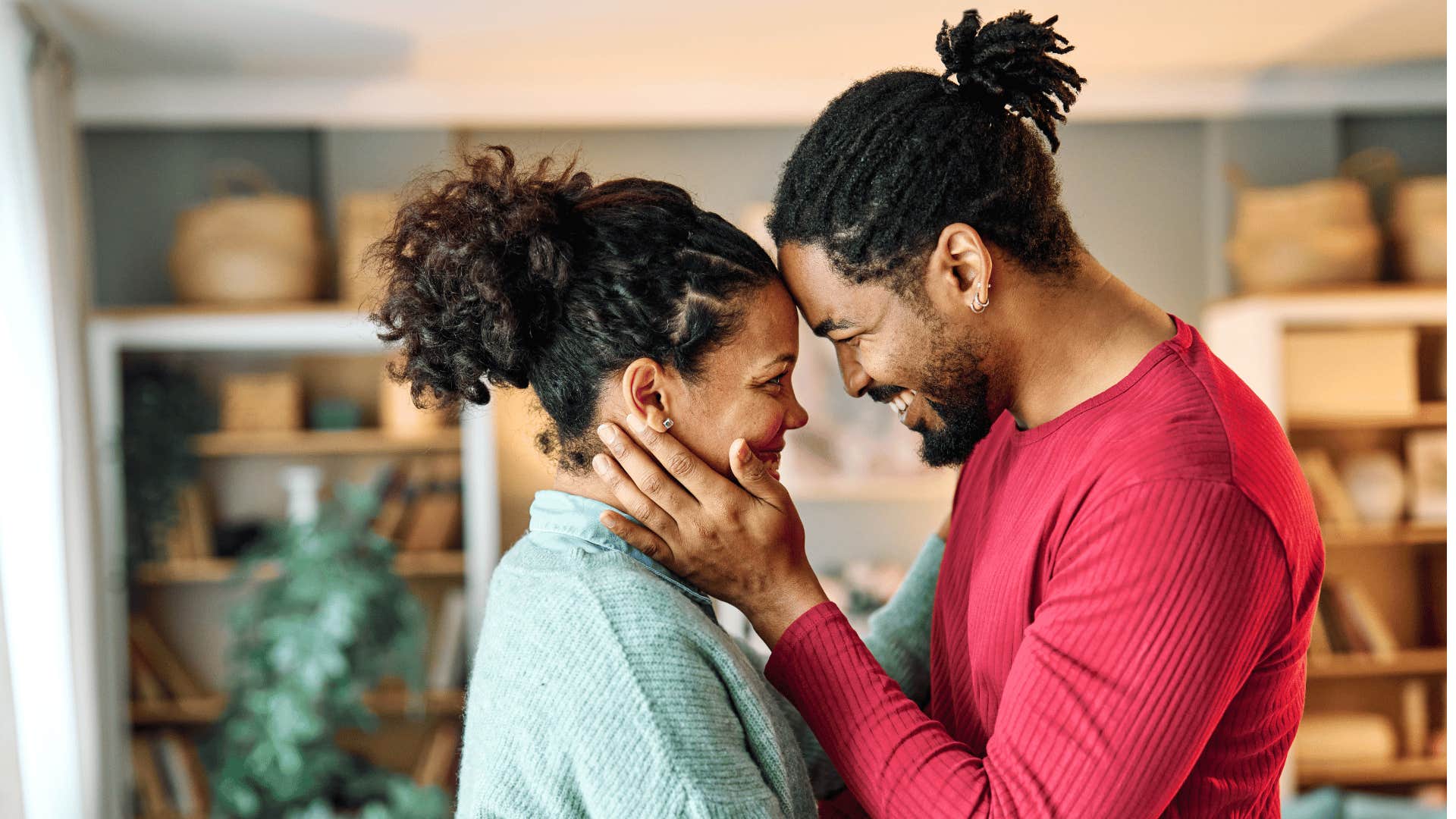 Smiling woman cherishes confident man