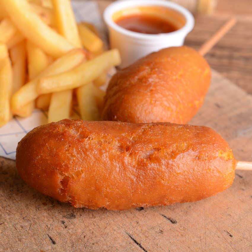 Unhealthy meal of corndog and french fries