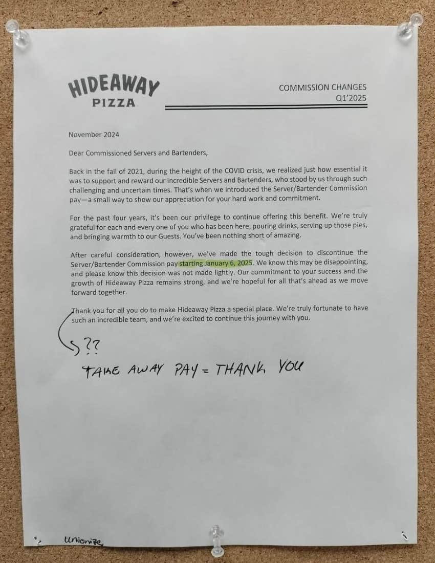 Hideaway Pizza notice cutting staff's pay