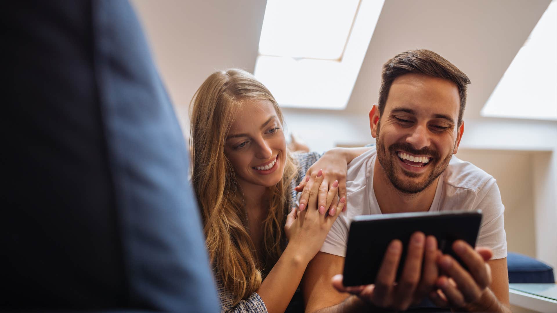 couple talking and laughing about work