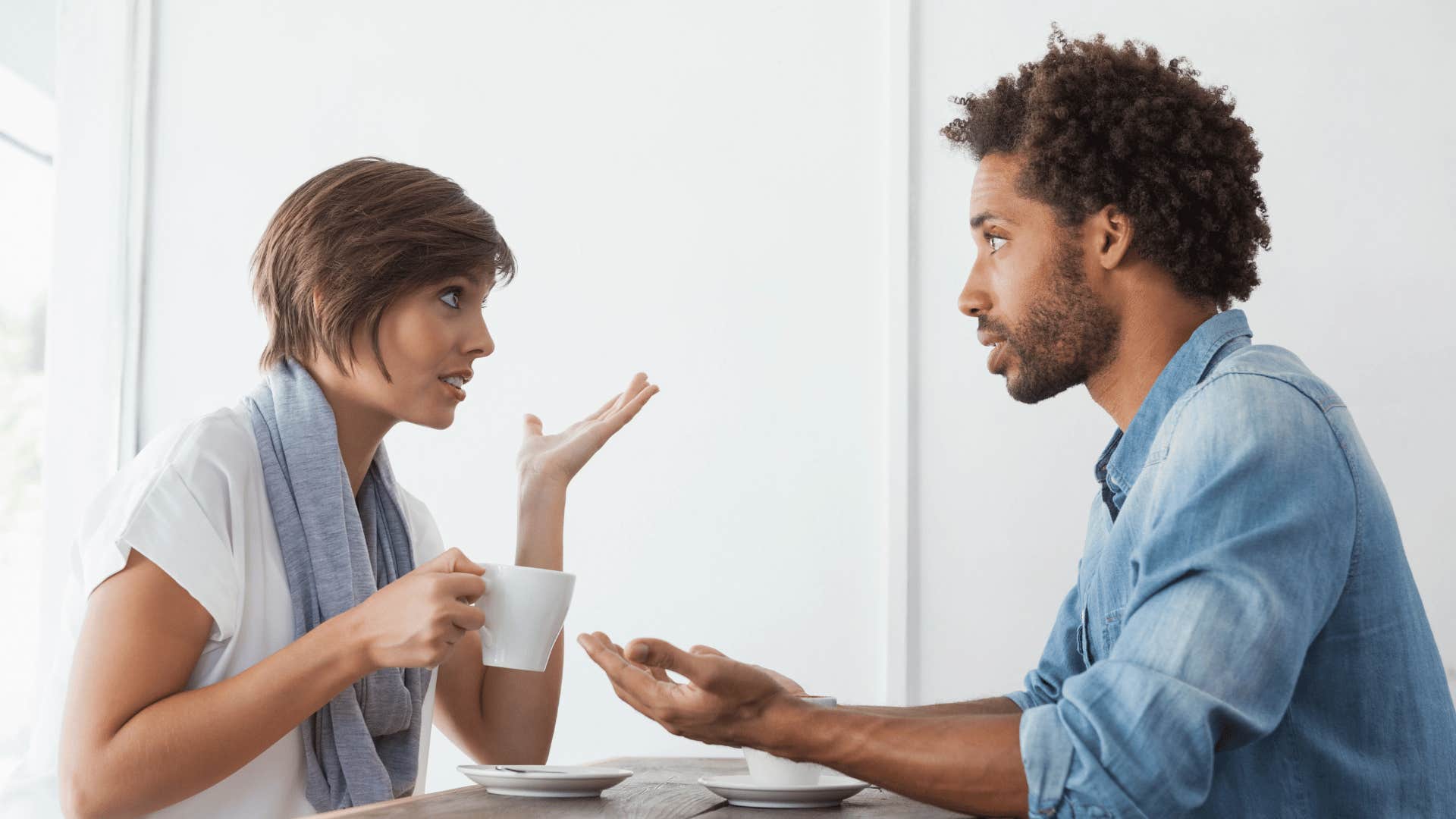 Woman and man tying to understand each other