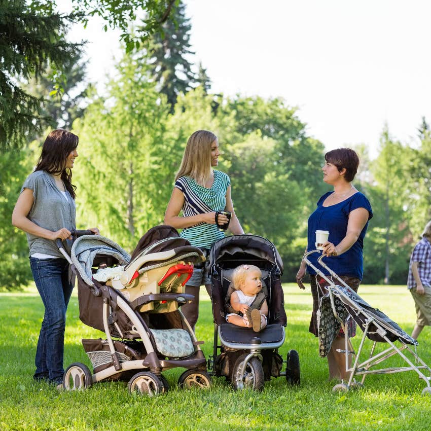 Mom friends with strollers outside