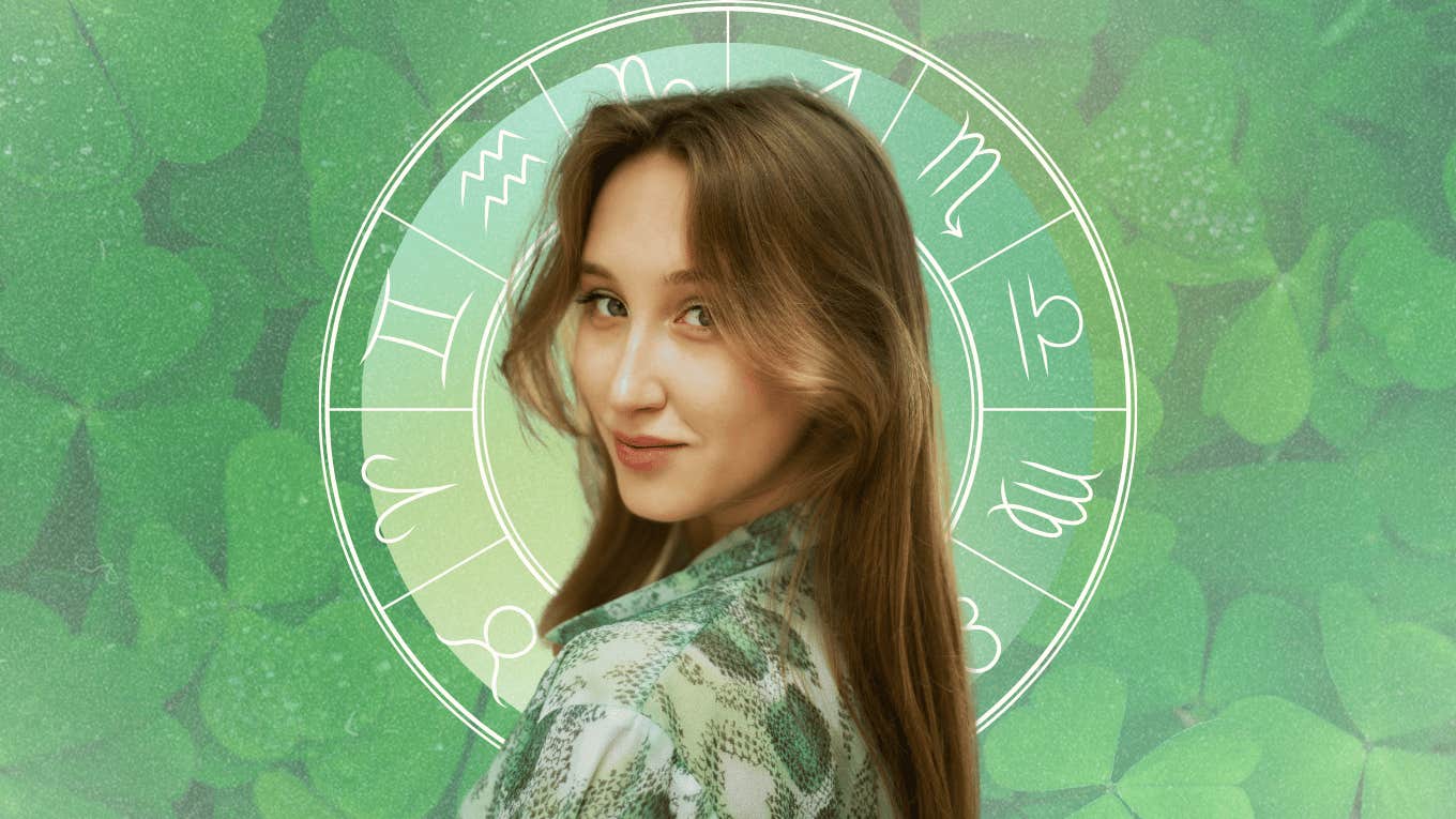 smiling woman with zodiac signs lucky day week december 16-22, 2024