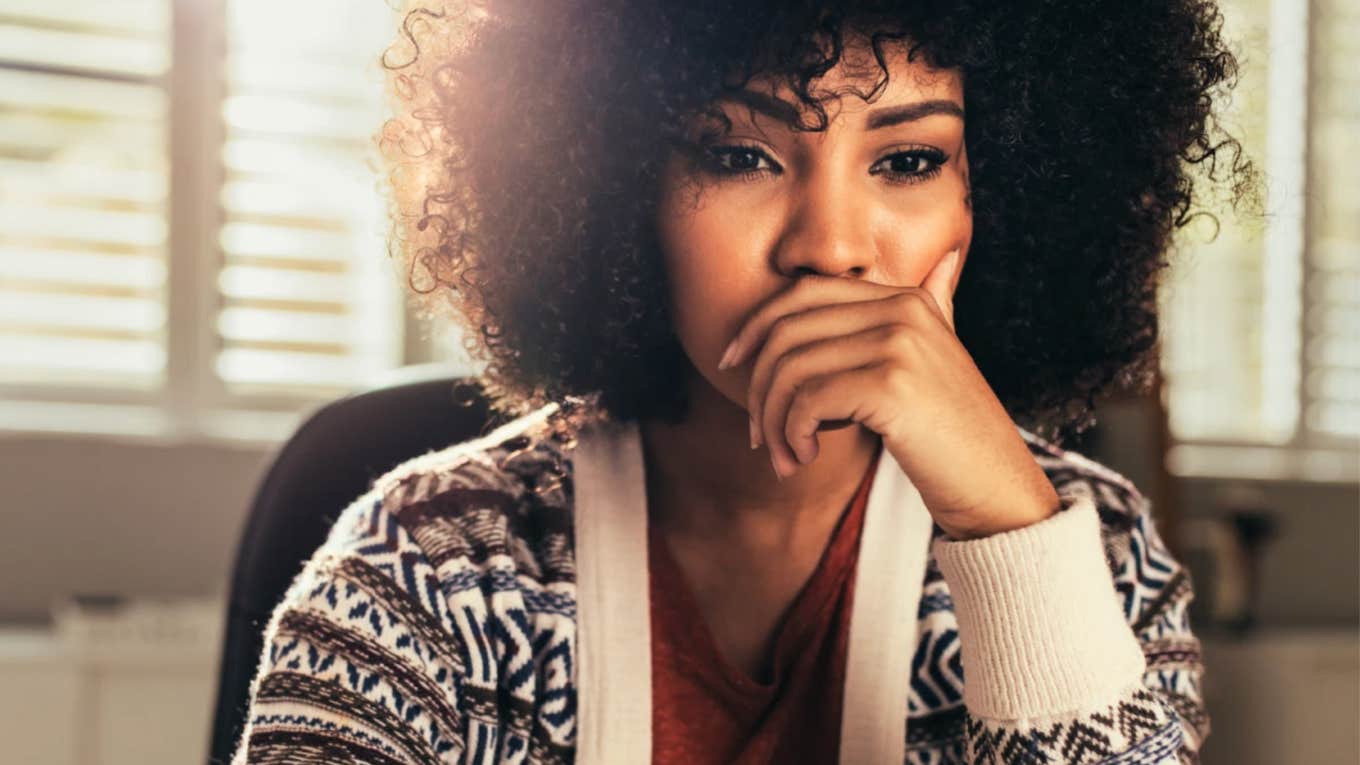 Woman looking intensely while in an affair fog