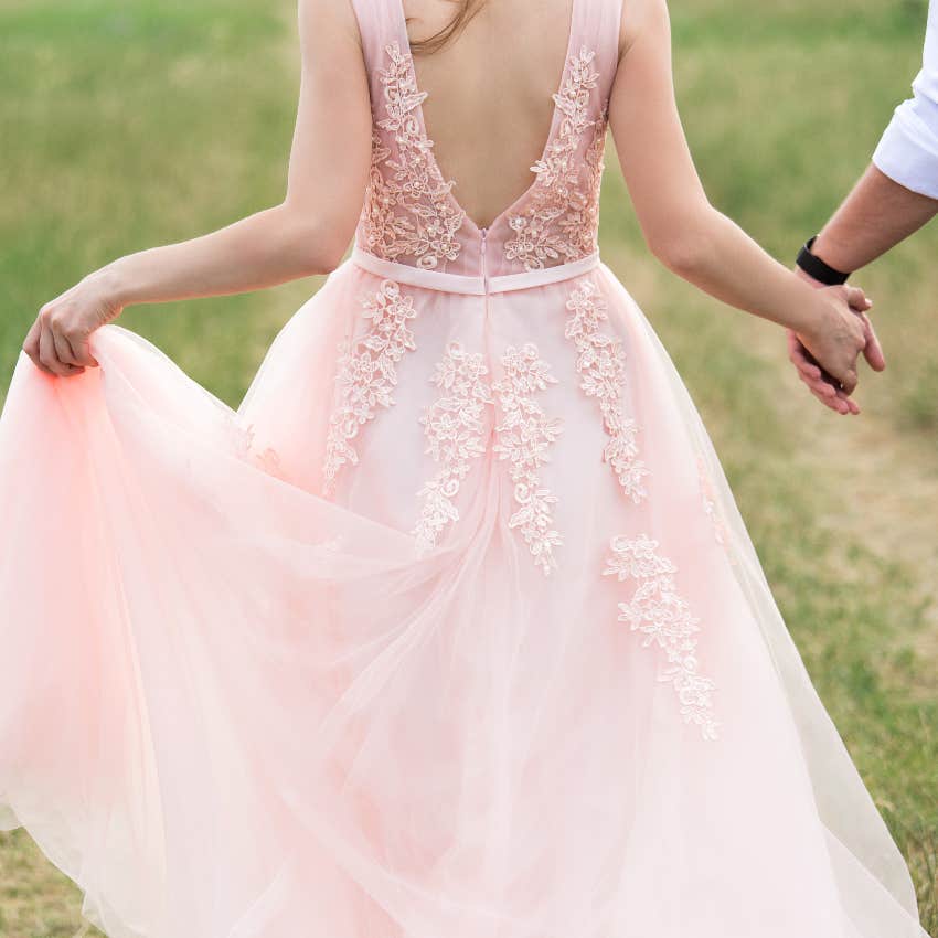 Bride in pink wedding dress