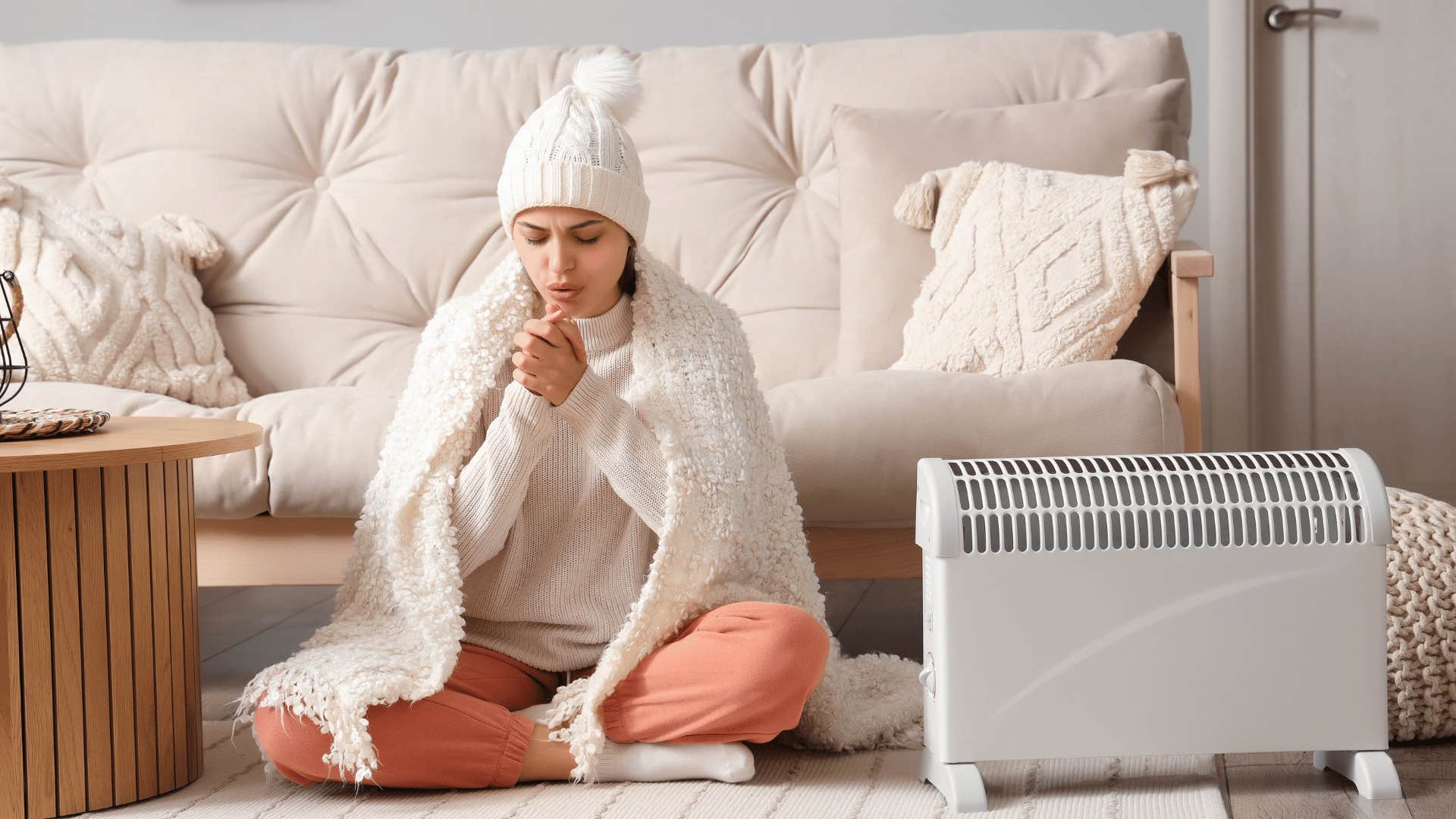 cold woman sitting in her apartment