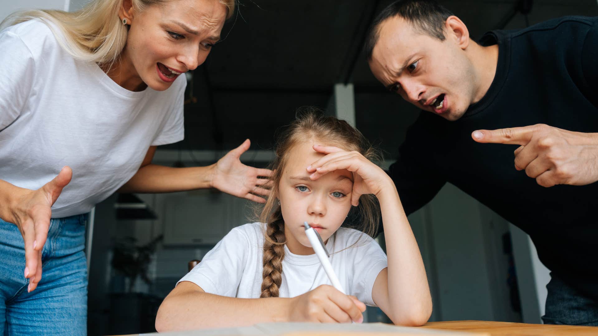 Parents yelling at young girl doing her homework. 