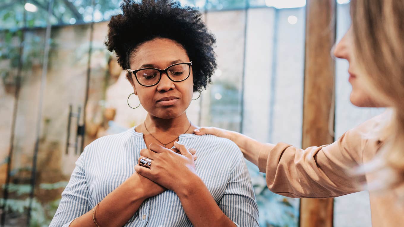 Emotionally intelligent sympathetic woman feeling for others deeply.