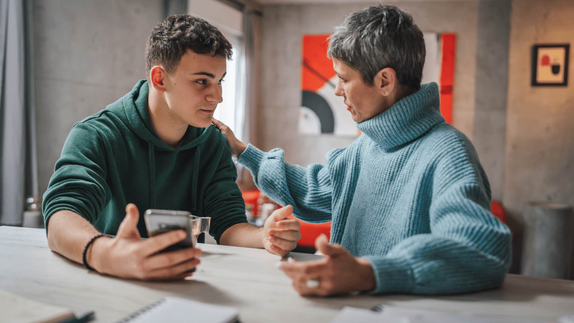 mom and son talking 