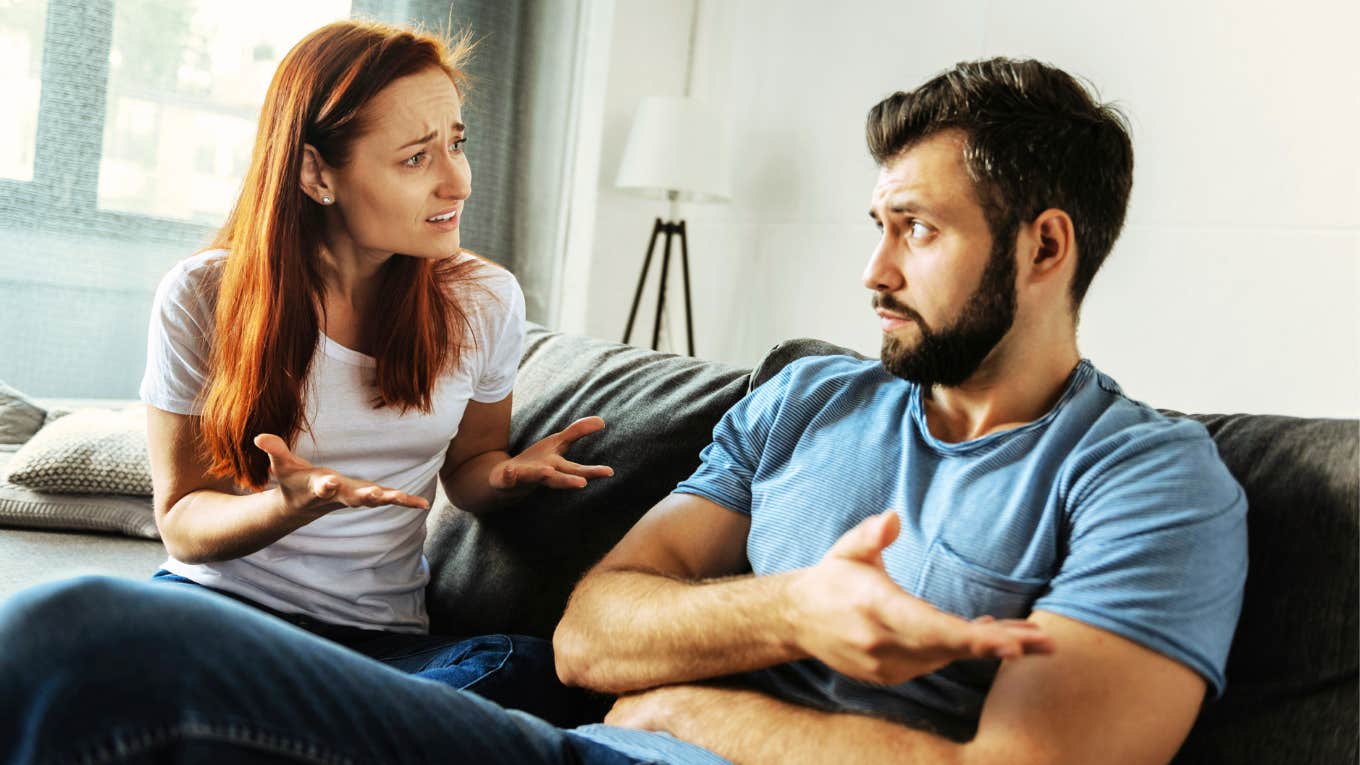 Woman pleading with cold-hearted husband who couldn't care less. 