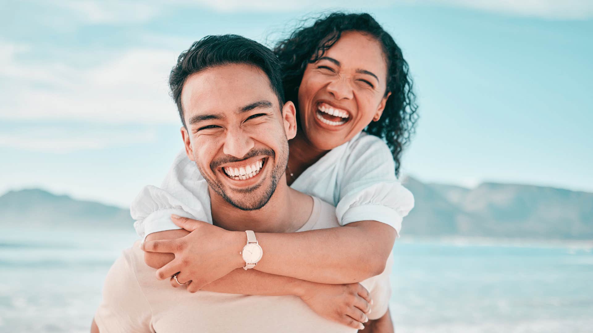 Woman hugs happy man because she l et some things go