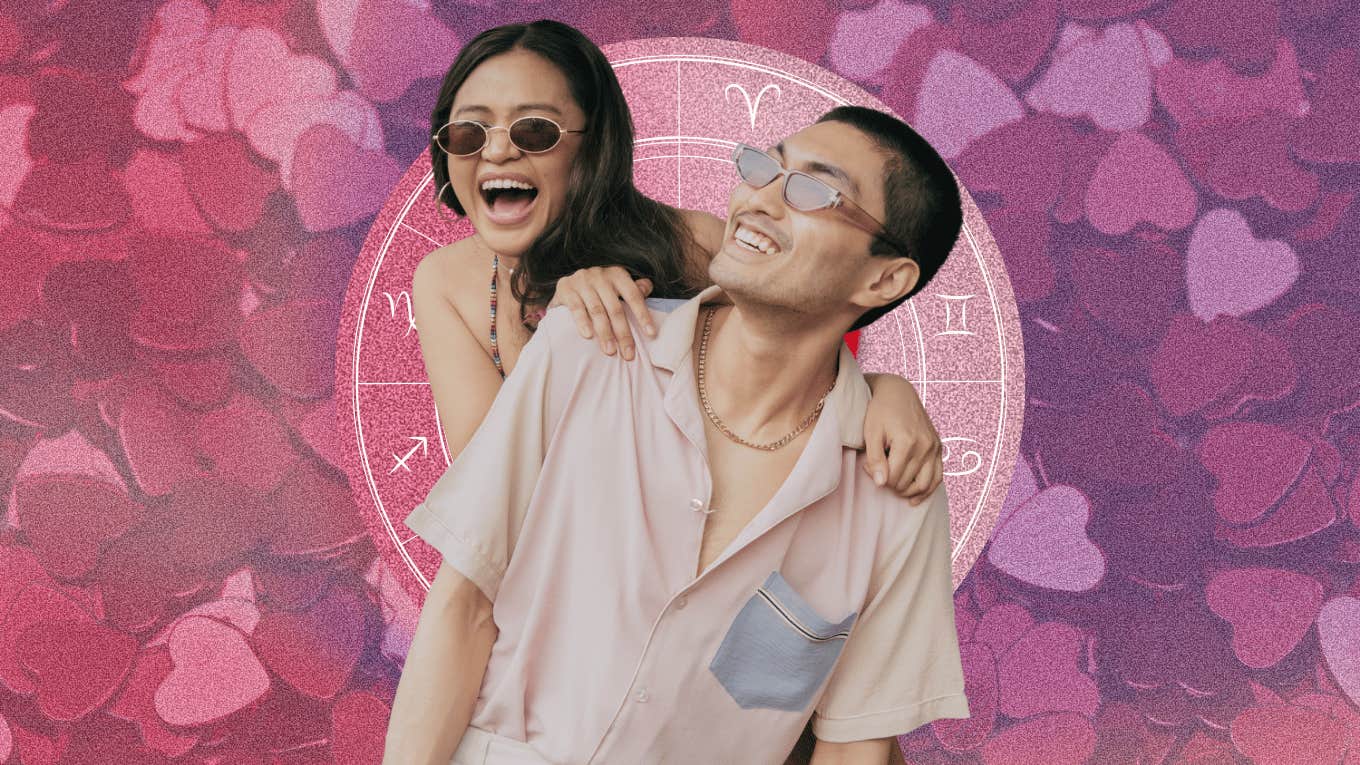 laughing couple with zodiac signs relationships entering positive era december 23-29, 2024