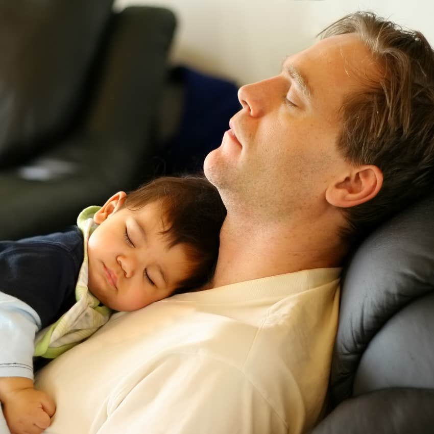 Dad asleep with baby on couch