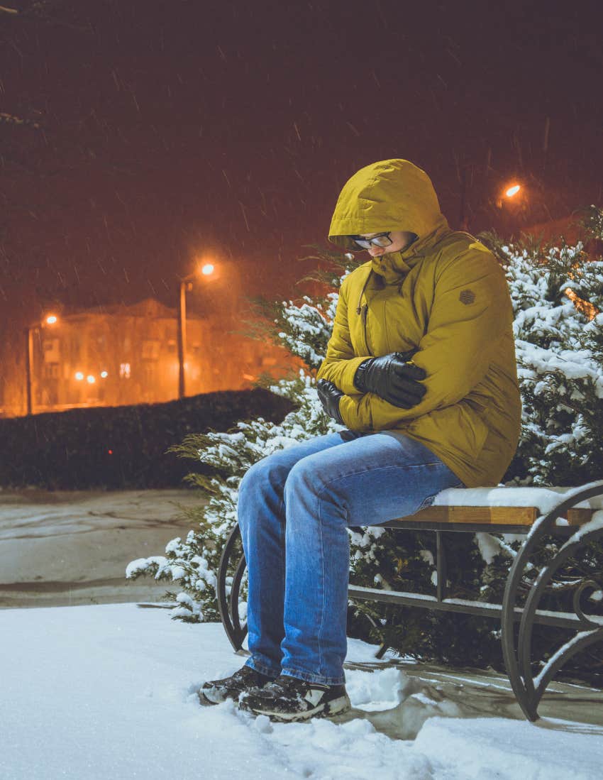 Man, outside, cold, bench